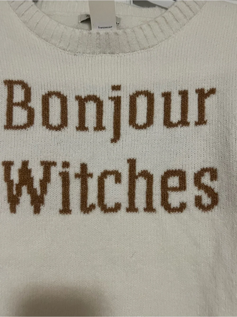 Francesca's Collections Cream 'Bonjour Witches' Crewneck Sweater with Brown Text